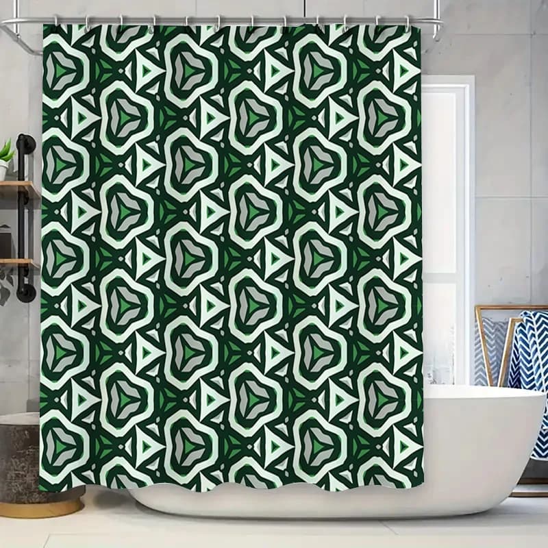 Tenda da doccia con motivo geometrico verde e bianco per arredamento bagno, tessuto lavabile con ganci inclusi (180x245 cm)