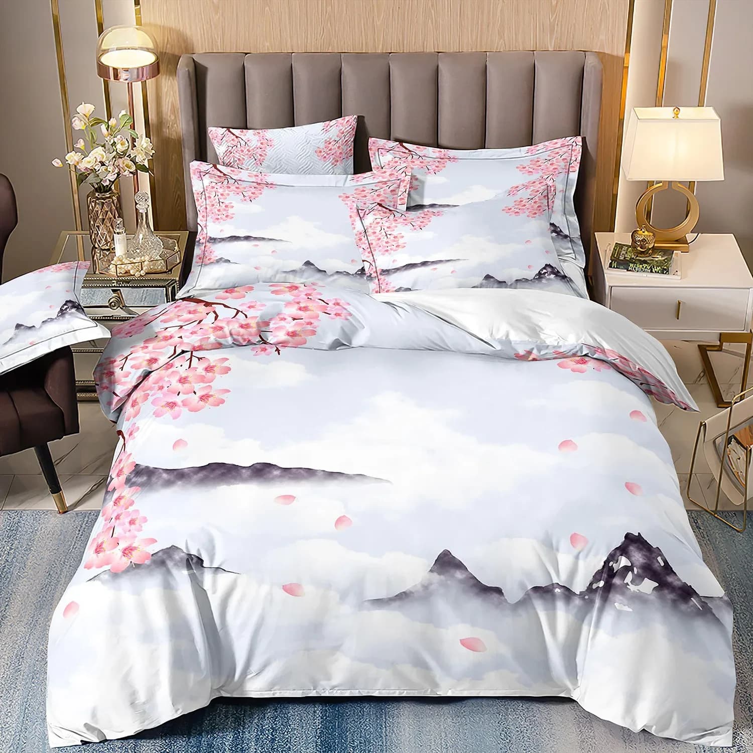 Copripiumino in stile giapponese Set biancheria da letto in ciliegio Copripiumino con motivo a onde a tema Ukiyo-e Stile esotico di montagna