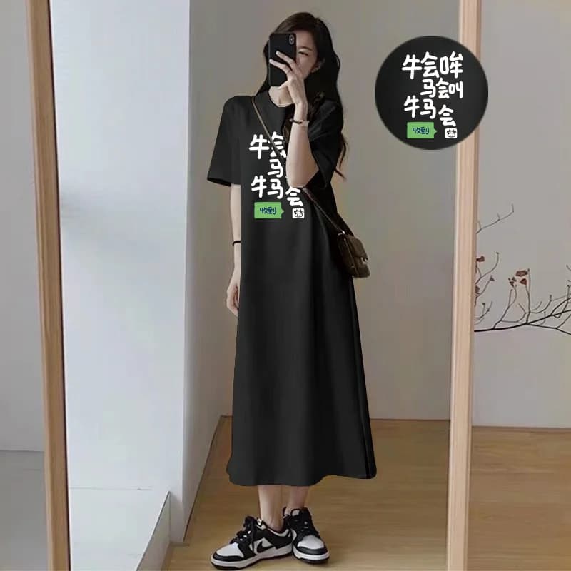Abito T-Shirt Casual da Donna a Maniche Corte con Stampa Divertente, Vestito Lungo Oversize con Spacco Laterale per l'Estate