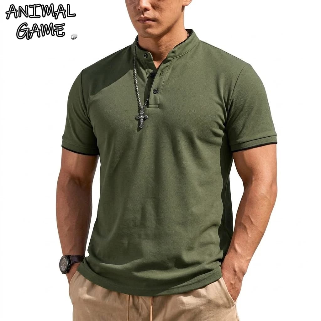 Maglietta Henley Estiva a Maniche Corte per Uomo, Polo con Bottoni, T-Shirt Classica Senza Colletto, Lussuosa e Traspirante per Escursionismo e Palestra
