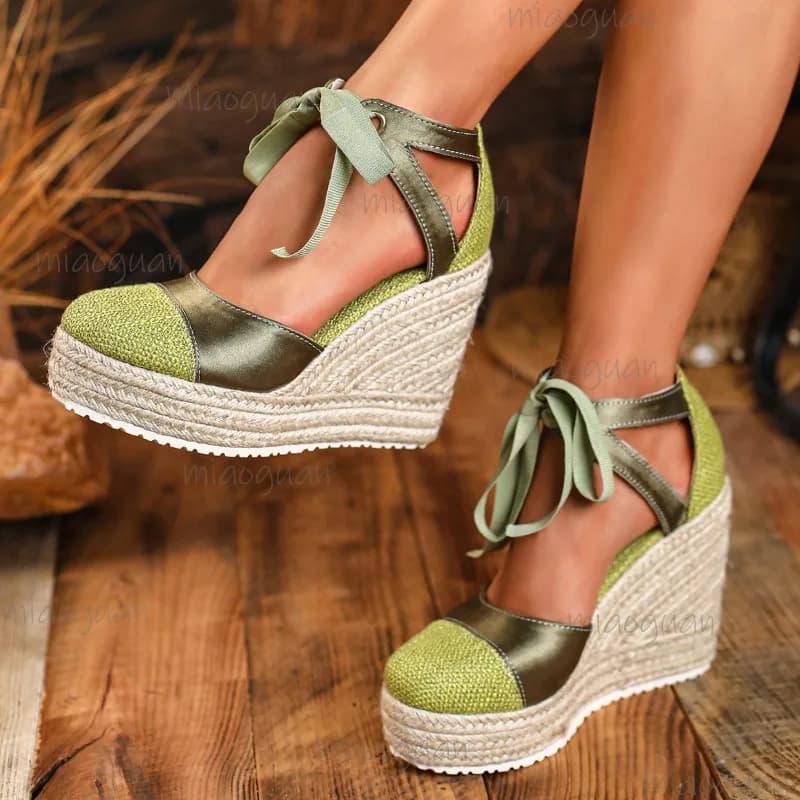 Round Toe Cover Heel Women's Lace-up Summer Casual Sandals Comfortable Espadrille Wedge Sandals Fashion Platform Heels Elegant