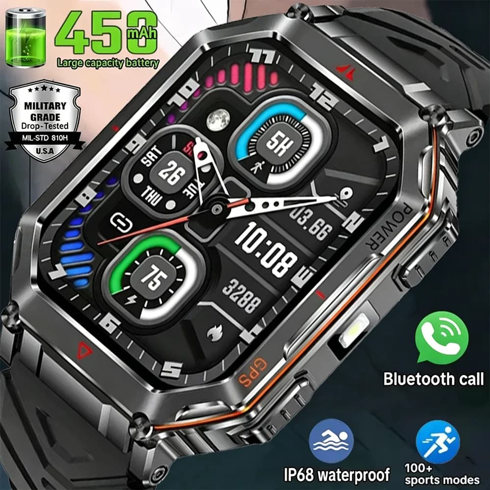 DAORKOW Nuovo Smartwatch GPS Militare per Sport all'Aperto con Bussola Integrata, Barometro, Torcia LED e Chiamate Wireless per Uomo