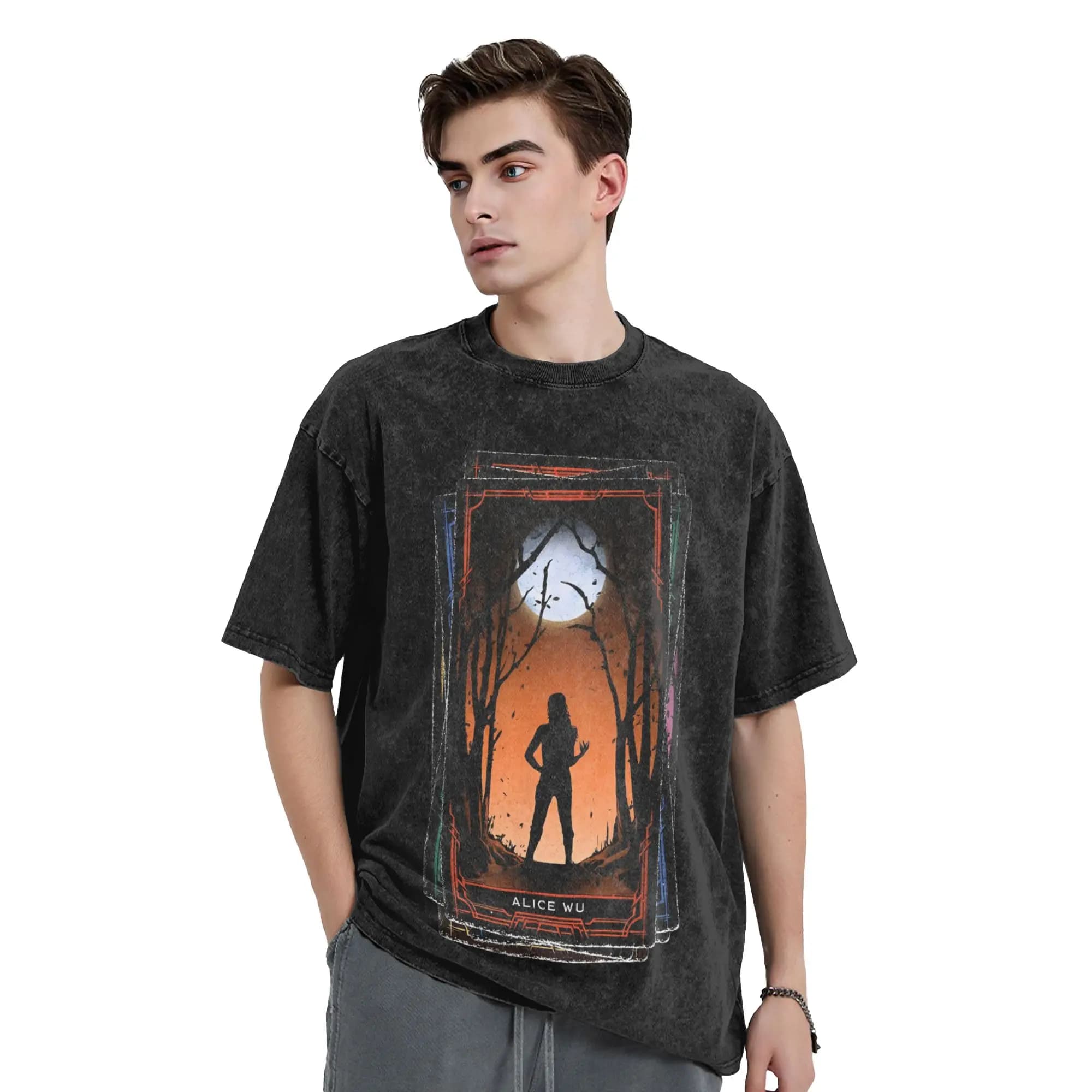T-shirt Agatha All Along Alice Wu Tarot Card in cotone lavato oversize per uomo e donna, streetwear con stampa grafica