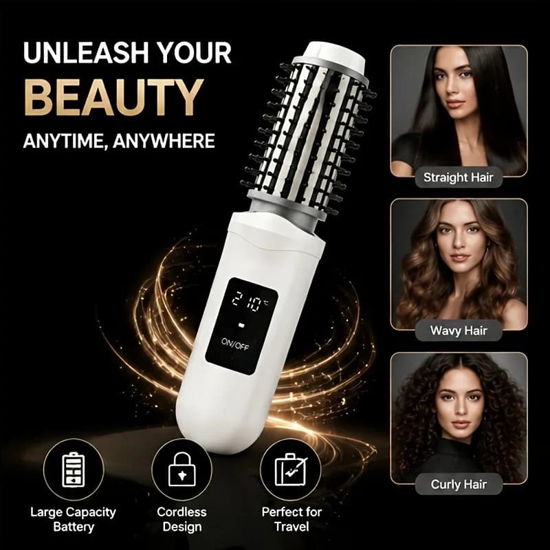 Portable Cordless Ionic Hot Comb, USB Rechargeable Hair Straightener Brush, 2 In 1 Curler Anti Damage Home Salon Styling Tool