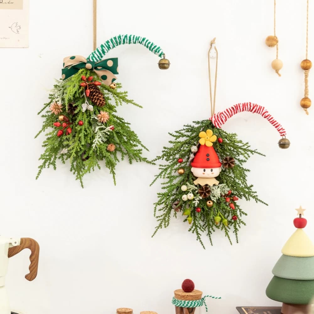 Artificial pine needle Christmas hat Drop door decoration Faux plants Green plant garland for home Wall hanging decoration for interior and exterior