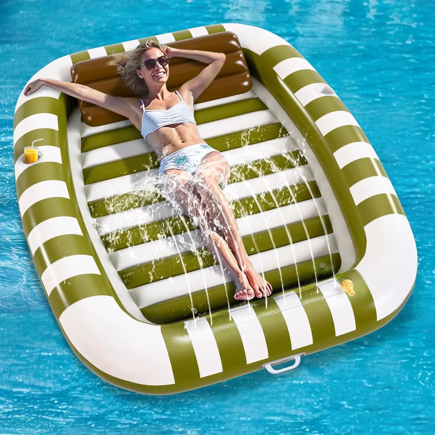 Lettino gonfiabile grande 80" x 66" con cuscino, tappetino spray per prendere il sole all'aperto, divertimento in famiglia al lago e in spiaggia - Verde