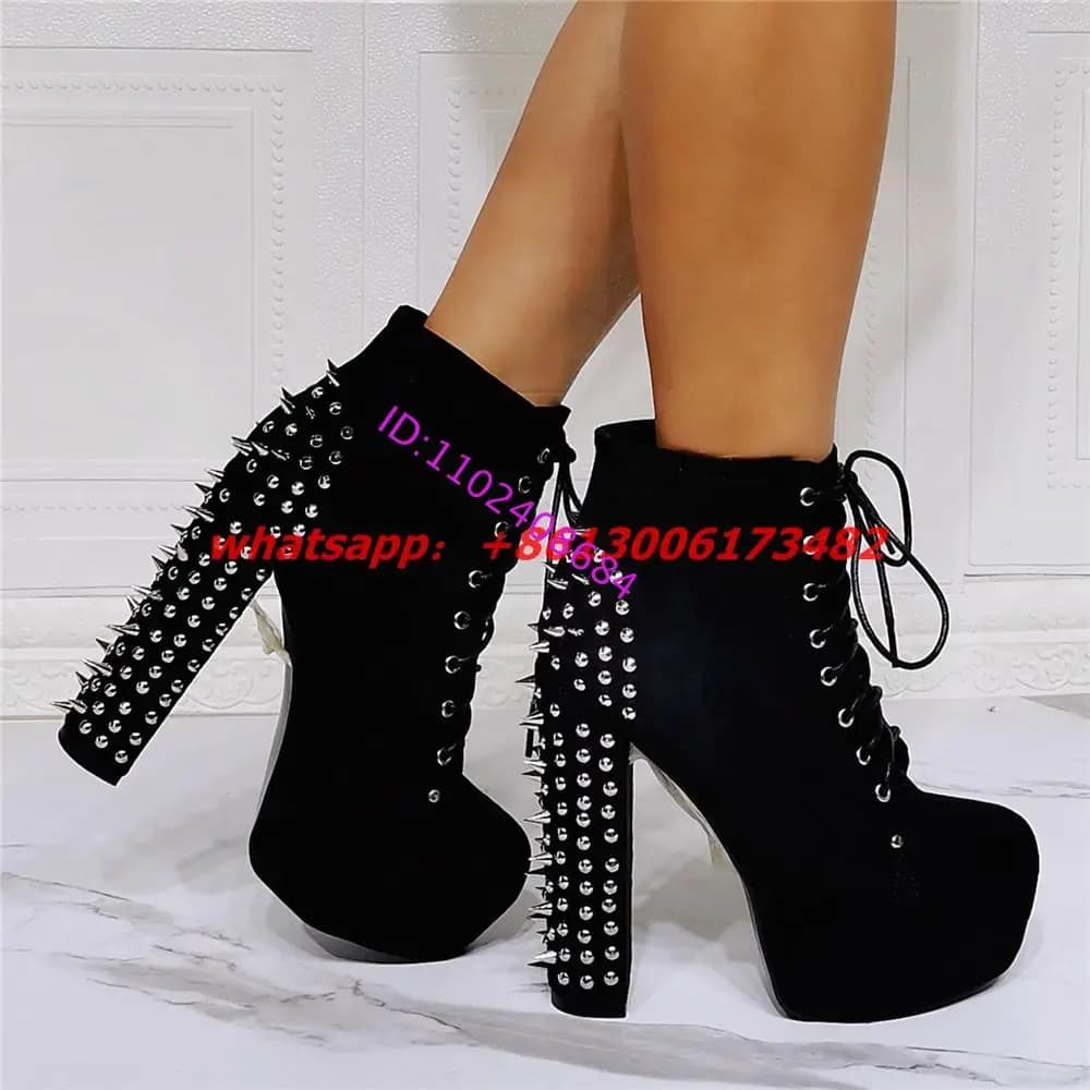 Real Photos Cool Woman Black Punk High Platform Chunky Heel Boots Rivets Chunky High Heel Platform Lace Up Woman Ankle Boots