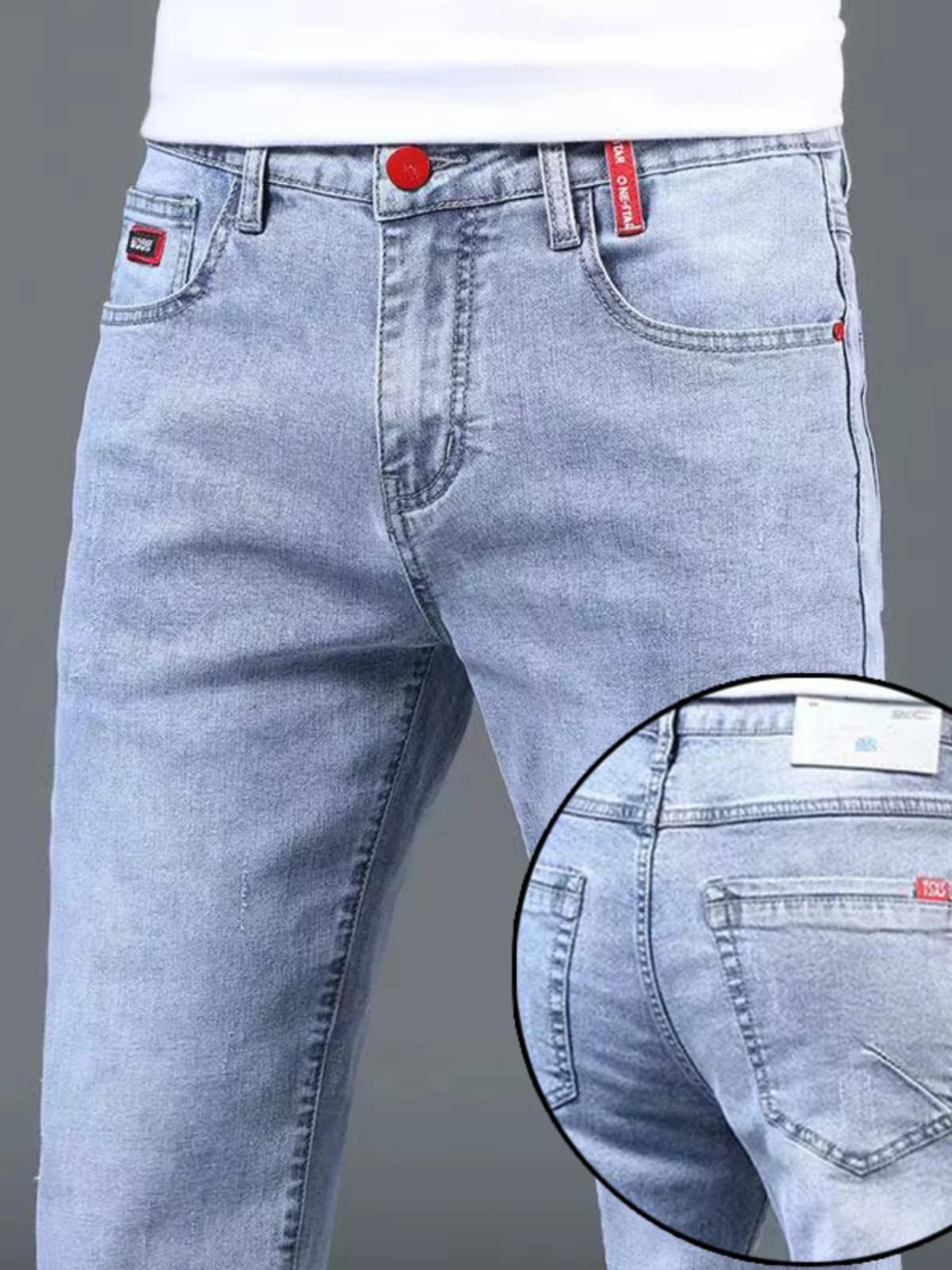Jeans slim fit a lavaggio chiaro, modello estivo elasticizzato, versione sottile, stile coreano, casual, pantaloni lunghi, moda giovanile