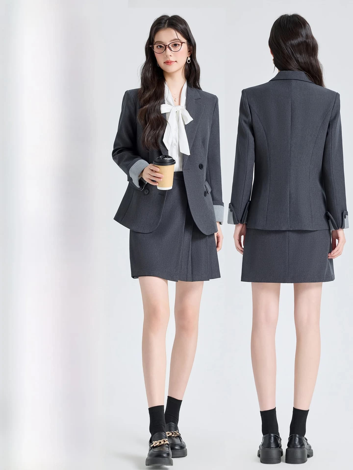 Completo da donna con giacca e gonna, stile college, per interviste, giovanile, con gonna corta, vita aderente, in fibra di poliestere, a maniche lunghe