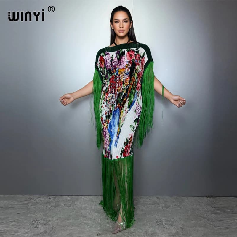 WINYI Long summer dress with pleated fringes Design rubbish Boho dress loose evening fashion holiday abaya dubai luxury