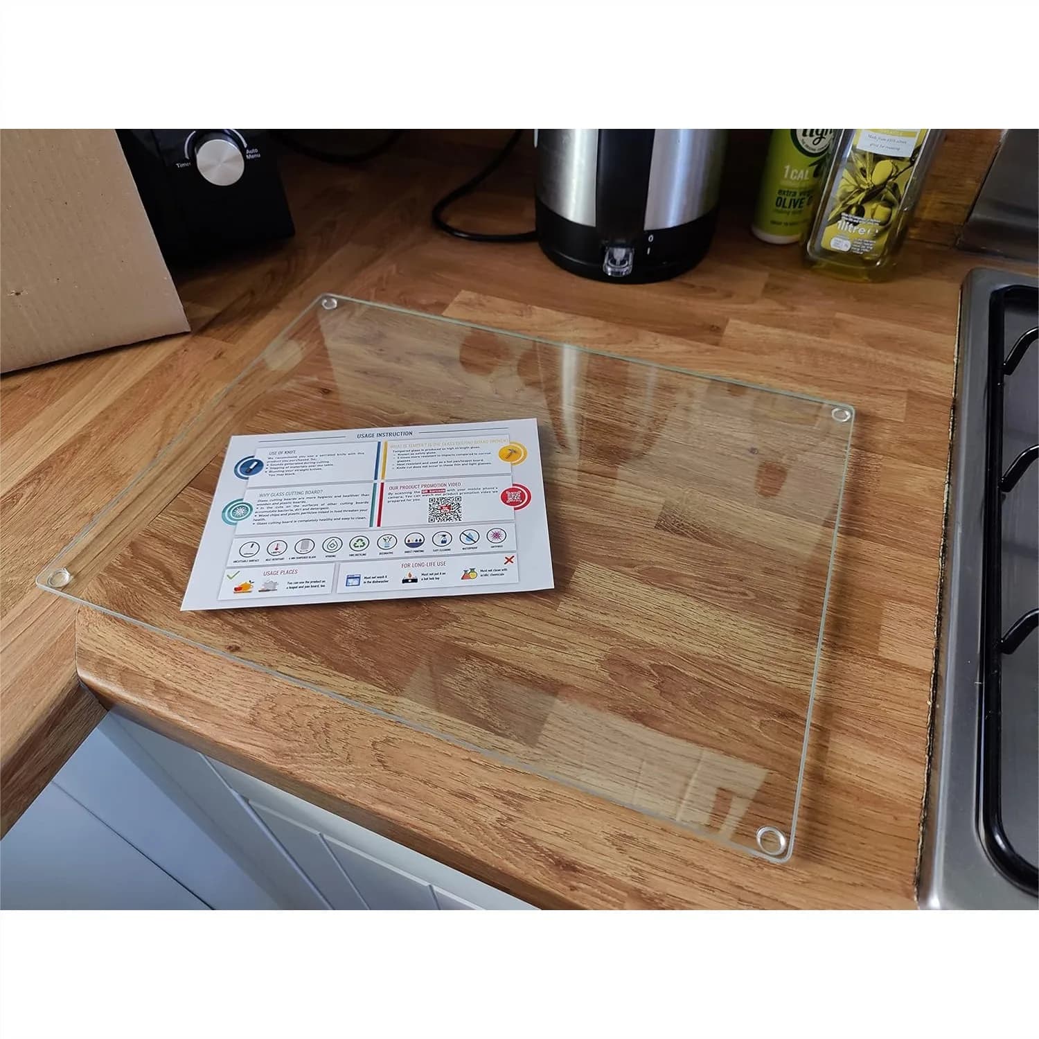 Tagliere in Vetro Temperato 16x12 Pollici con Piedini Antiscivolo, Resistente al Calore, Protezione per Piano Cucina, Trasparente