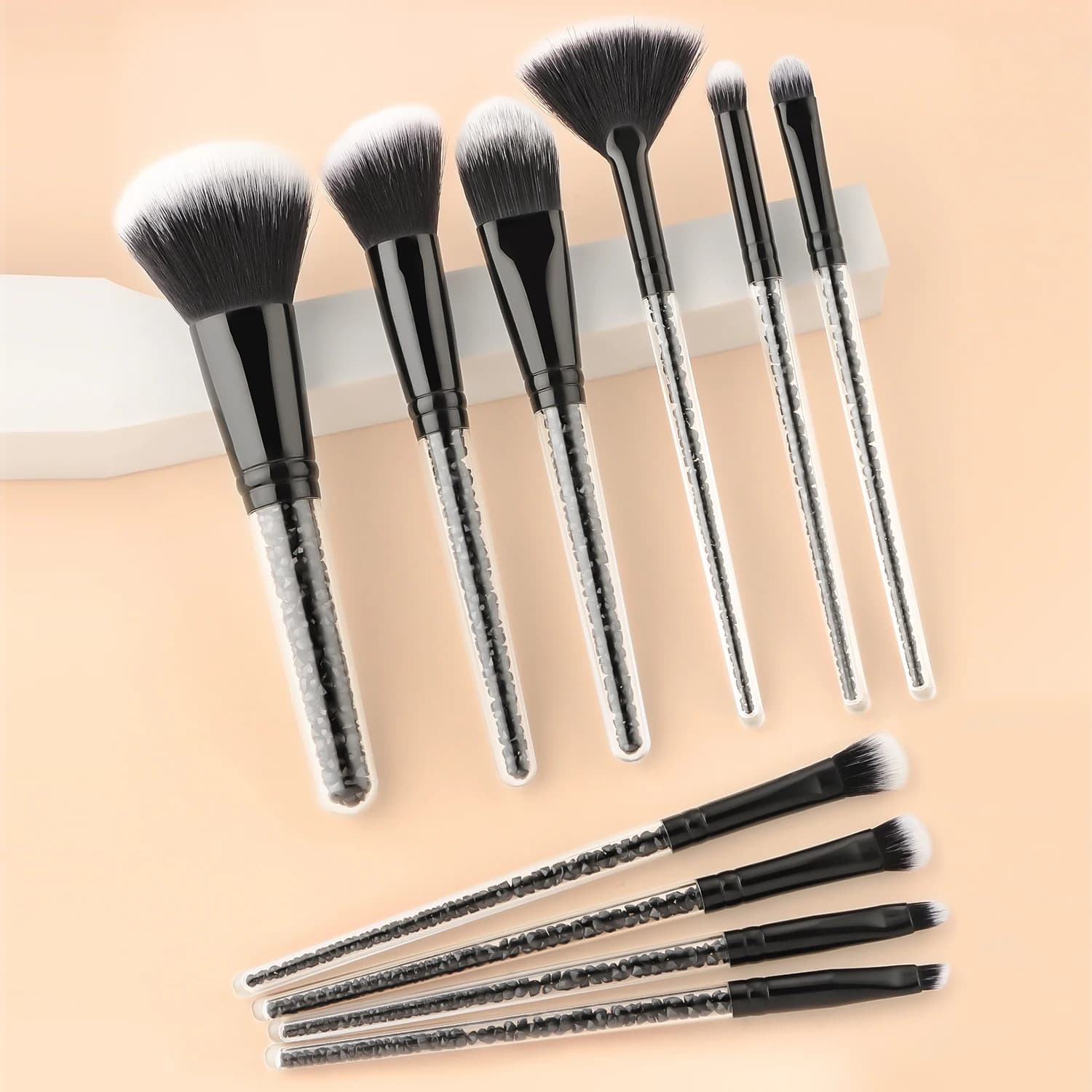 10Pcs Glitter Handle Makeup Brush Set, Powder Blush Fan Highlight Eyeshadow Concealer Brushes for Daily & Studio Makeup