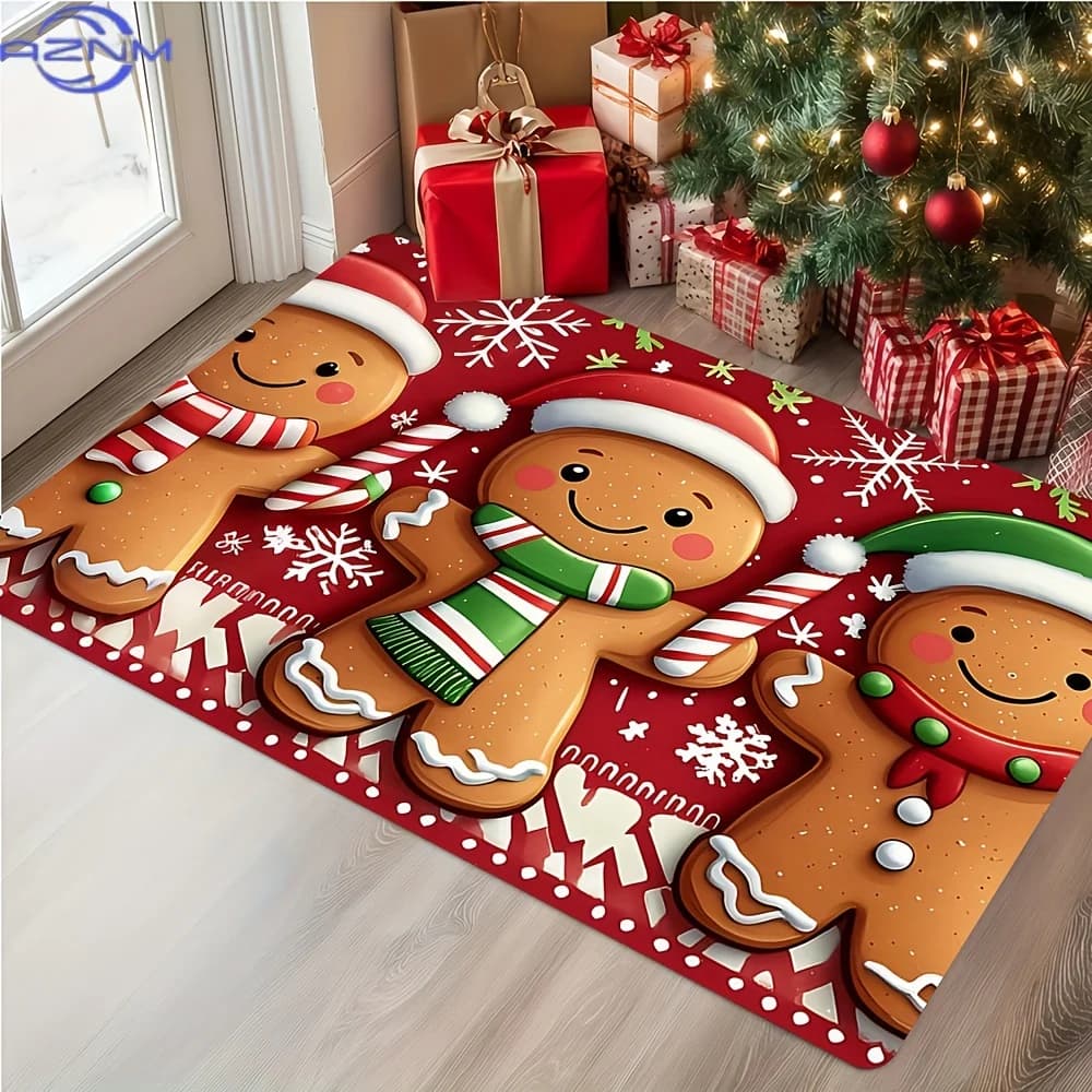 1 tappetino natalizio stampato con gingerbread man - Design festivo con cappello e sciarpa di Babbo Natale, resistente, 100% poliestere, lavabile in lavatrice