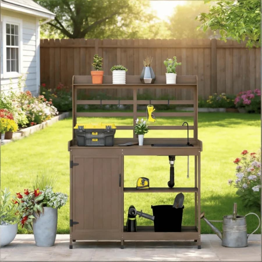 Tavolo da giardinaggio per uso esterno, realizzato in legno di cedro resistente alle intemperie, colore legno naturale, design pieghevole con b