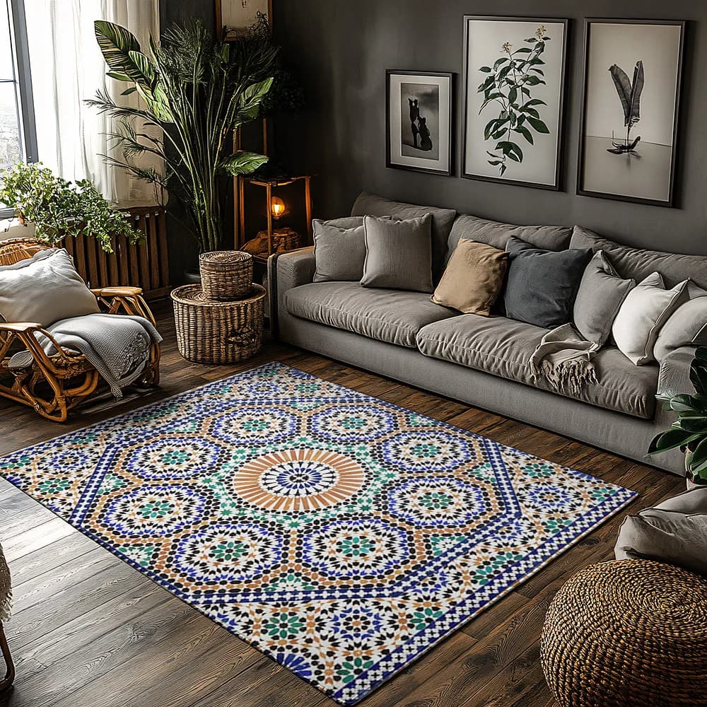 Moroccan Tile Area Rug Non Slip Indoor Outdoor Doormat Washable Bohemian Geometric Pattern Floor Mat Home Decor Living Room Kitc