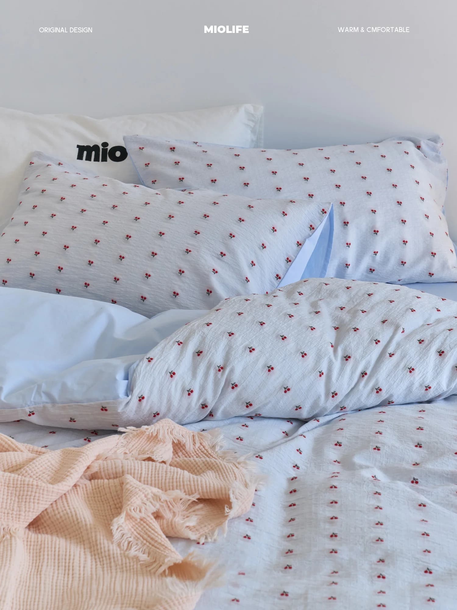 Miolife Pure Cotton Cherry Girl Blue Bedding Set Simple Nordic Korean Style 4-Piece Bed Sheet Set Floral Embroidery