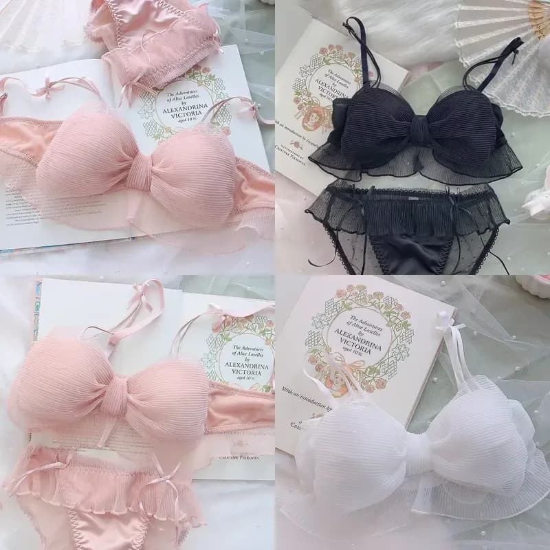 Kawaii Lolita Bralette Set 3D Bow Wire Free Push Up Lingerie Adjustable Straps Lace Panty for Small Chest Cute Gift