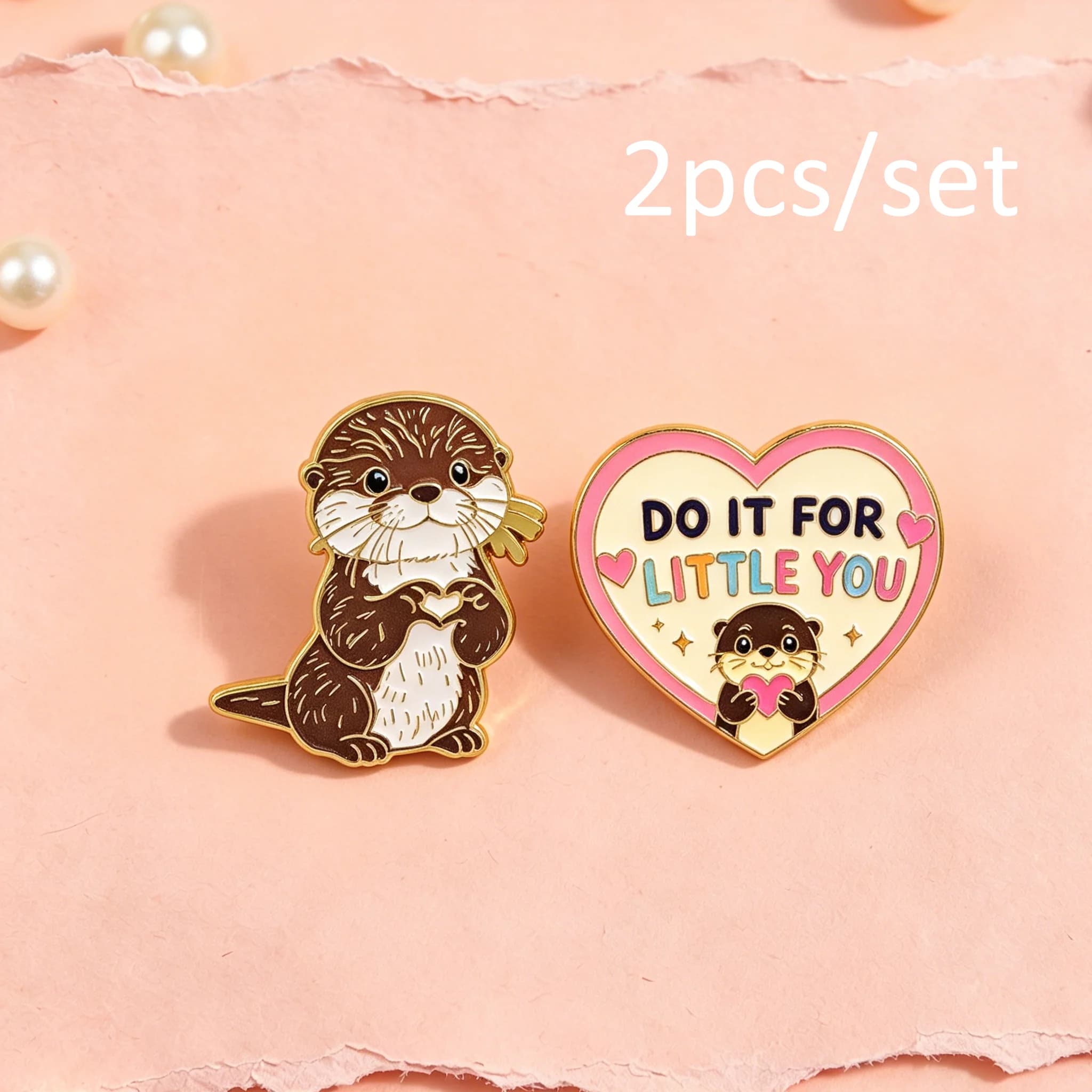 Cute Otter Enamel Pins 2Pcs Cartoon Sea Otter Heart Lapel Brooch Metal Badge Do It For Little You Quote Pin Backpack Decor Gift