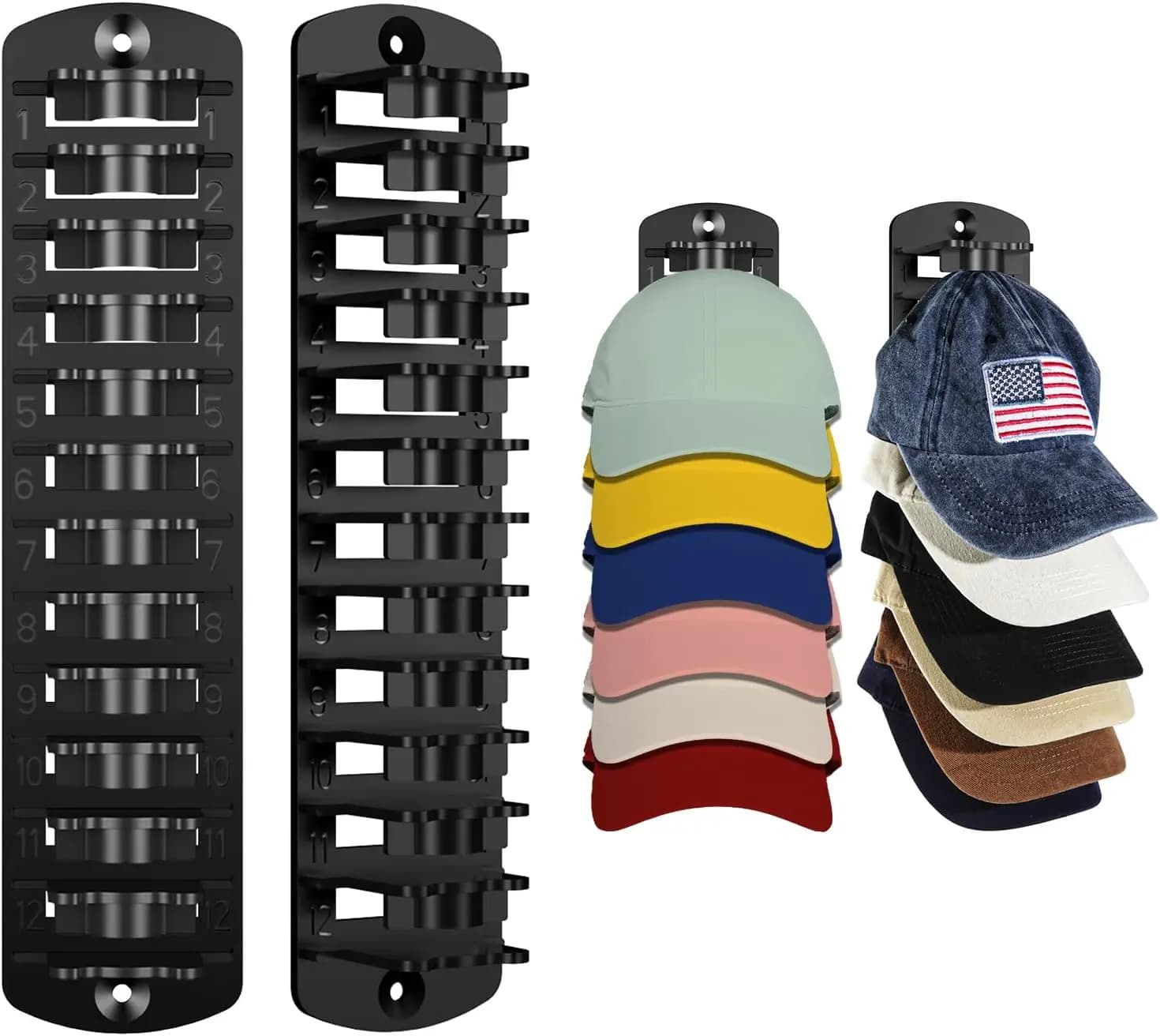 Hat Organizer for Baseball Caps, 2 Pack Hat Rack for Wall Hold up to 20 Hats, Strong Adhesive Hat Storage Display Holder, Wall Mounted Hat Hooks Cap Holders for Door Closet Bedroom (2)