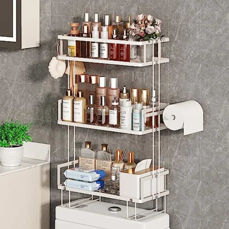 Bathroom Organizers and Storage Over The Toilet Storage Wall Shelf with Paper Holder and 2 Hooks No Drilling Cool Decor and Hom