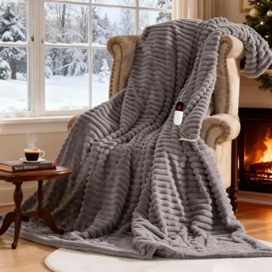 Coperta Elettrica Riscaldante: 6 Livelli di Riscaldamento Rapido, Spegnimento Automatico Dopo 4 Ore, Morbida e Calda, in Finta Pelliccia di Coniglio a Righe per Divano, Casa, Ufficio