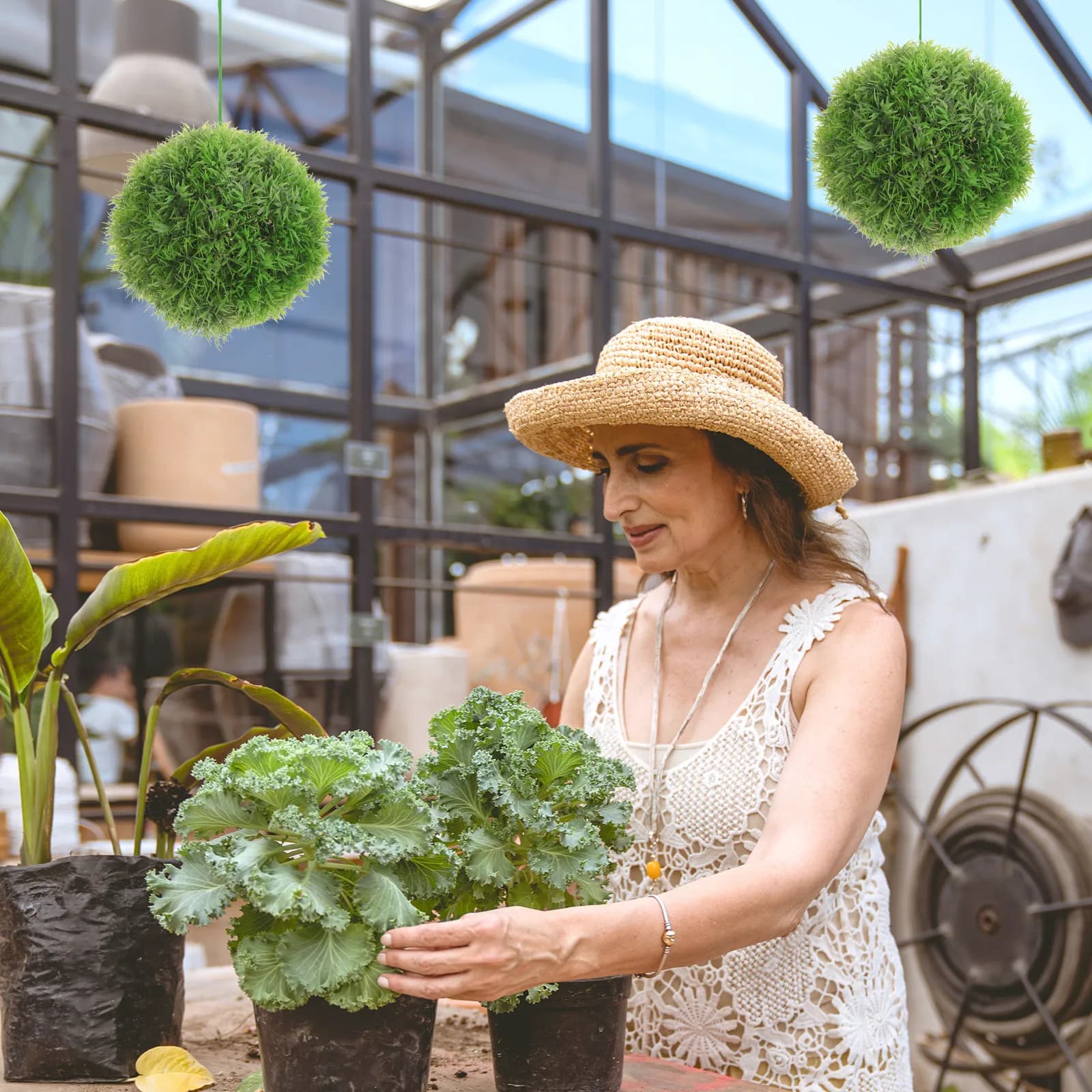 2pcs Artificial Hanging Plant Balls Decorative Ceiling Pendant For Home Restaurant Indoor Outdoor Green Grass Ball Decor