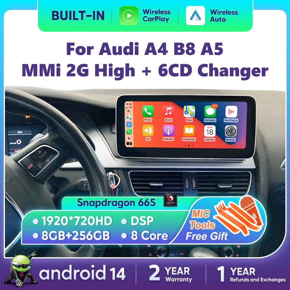 Android 14 CarPlay Per Audi A4 B8 A5 2008 2009 2010 MMI 2G High CD Changer Lettore Stereo Per Auto Multiemdia GPS Navi WiFi