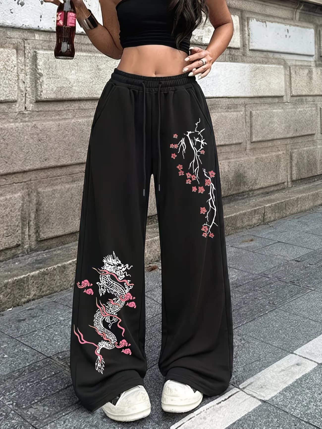 Men's and Women's Y2K Gothic Printed Wide Leg Sports Pants Street Wear Hip-hop Casual Drawstring Pants Harajuku Street Style