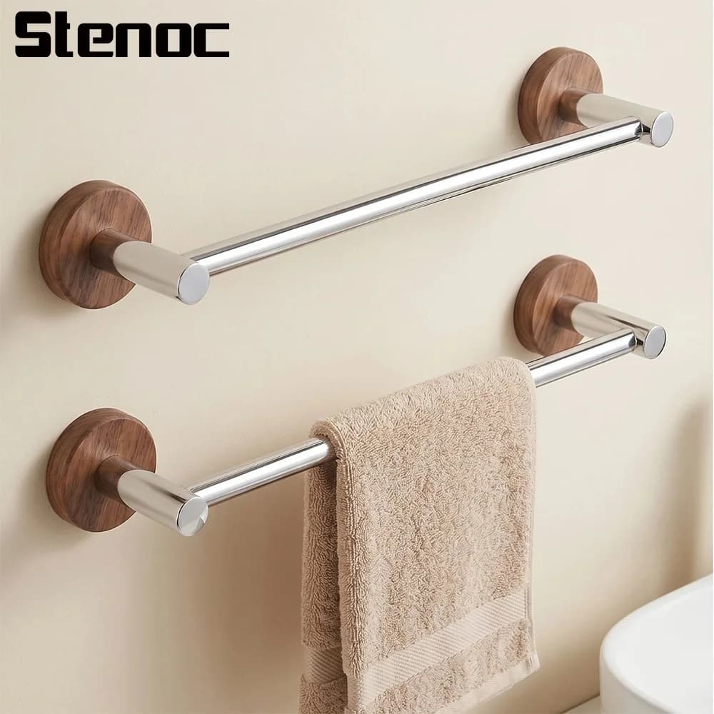 No Drilling Woodeen Base 304 Stainless Steel Wall Mounted Towel Holder Anti-Rust Single Bar Bathroom Towel Hanger Space Saving