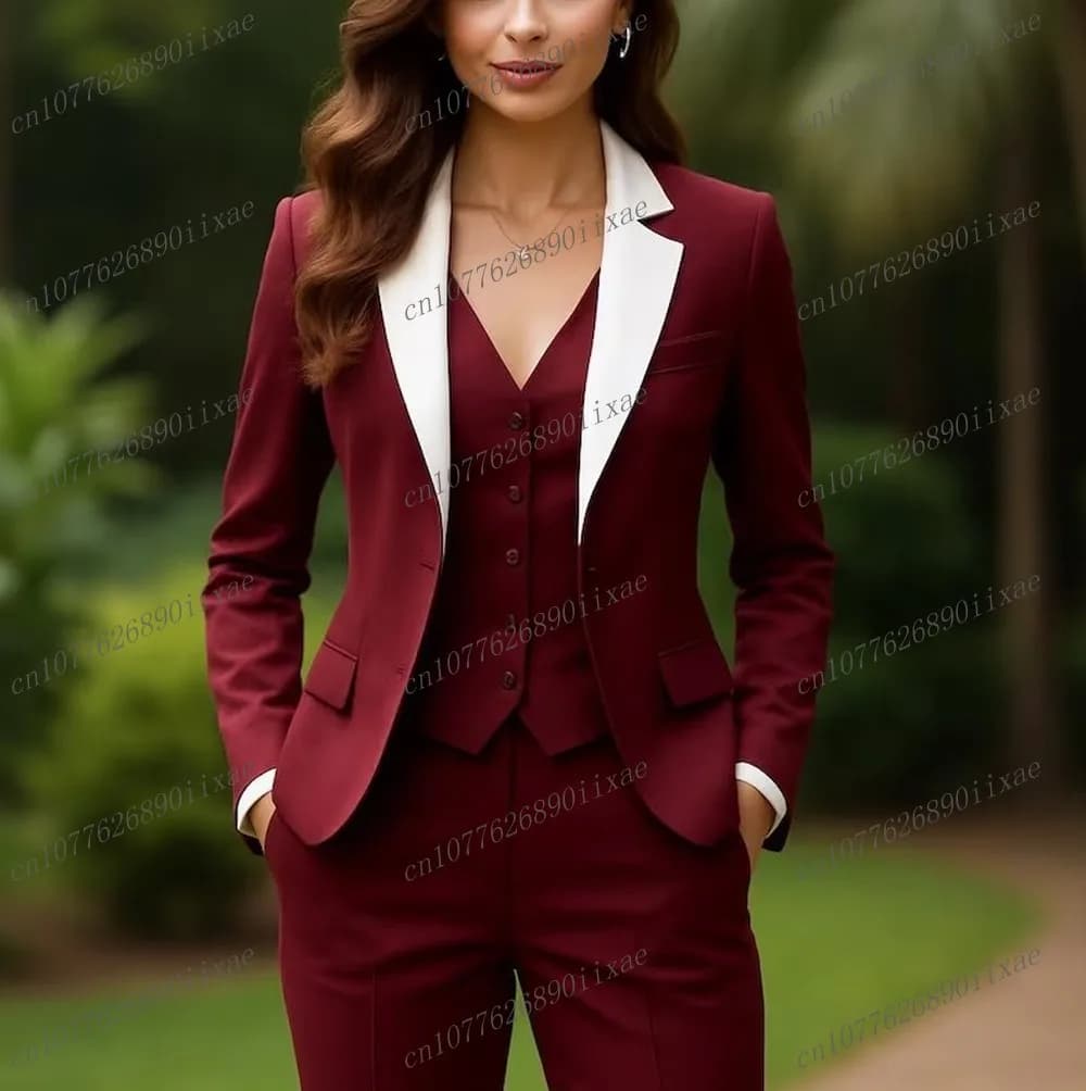 Colletto bianco Borgogna Abiti da donna Lady Business Office Madre Festa di nozze Formale da donna Set da 3 pezzi Giacca Gilet Pantaloni