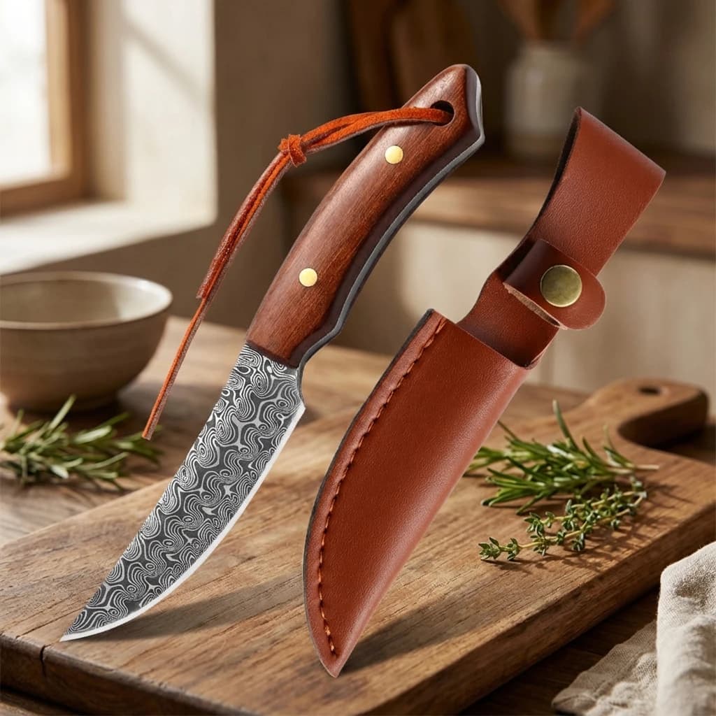 Testurized damask steel knife, professional kitchen knife, kitchen accessory, small curved knife, fruit knife with sheath.