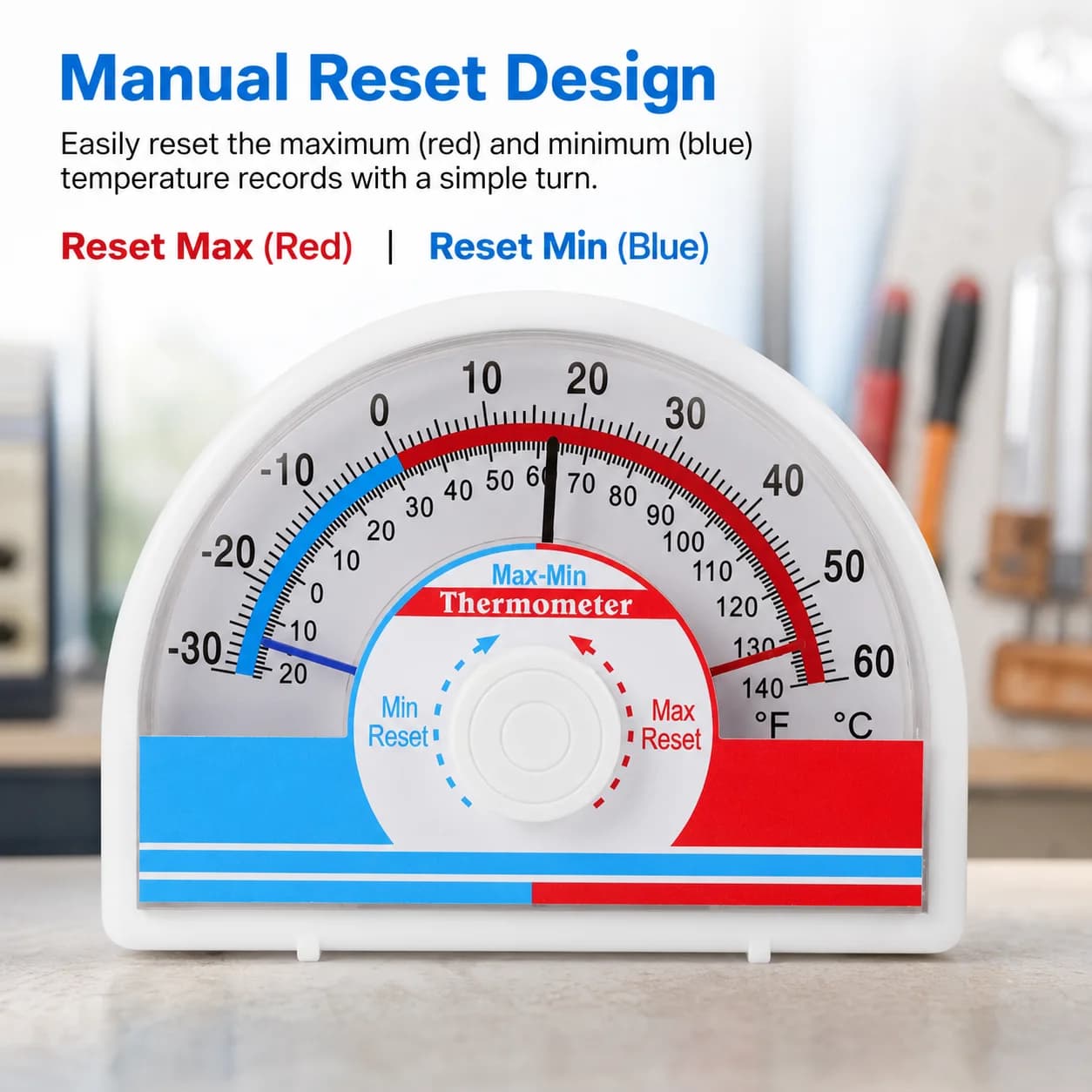 Mechanical Min/Max Thermometer with Reset Dial High Low Temperature Recorder No Battery Needed Indoor Garage Fridge Monitoring