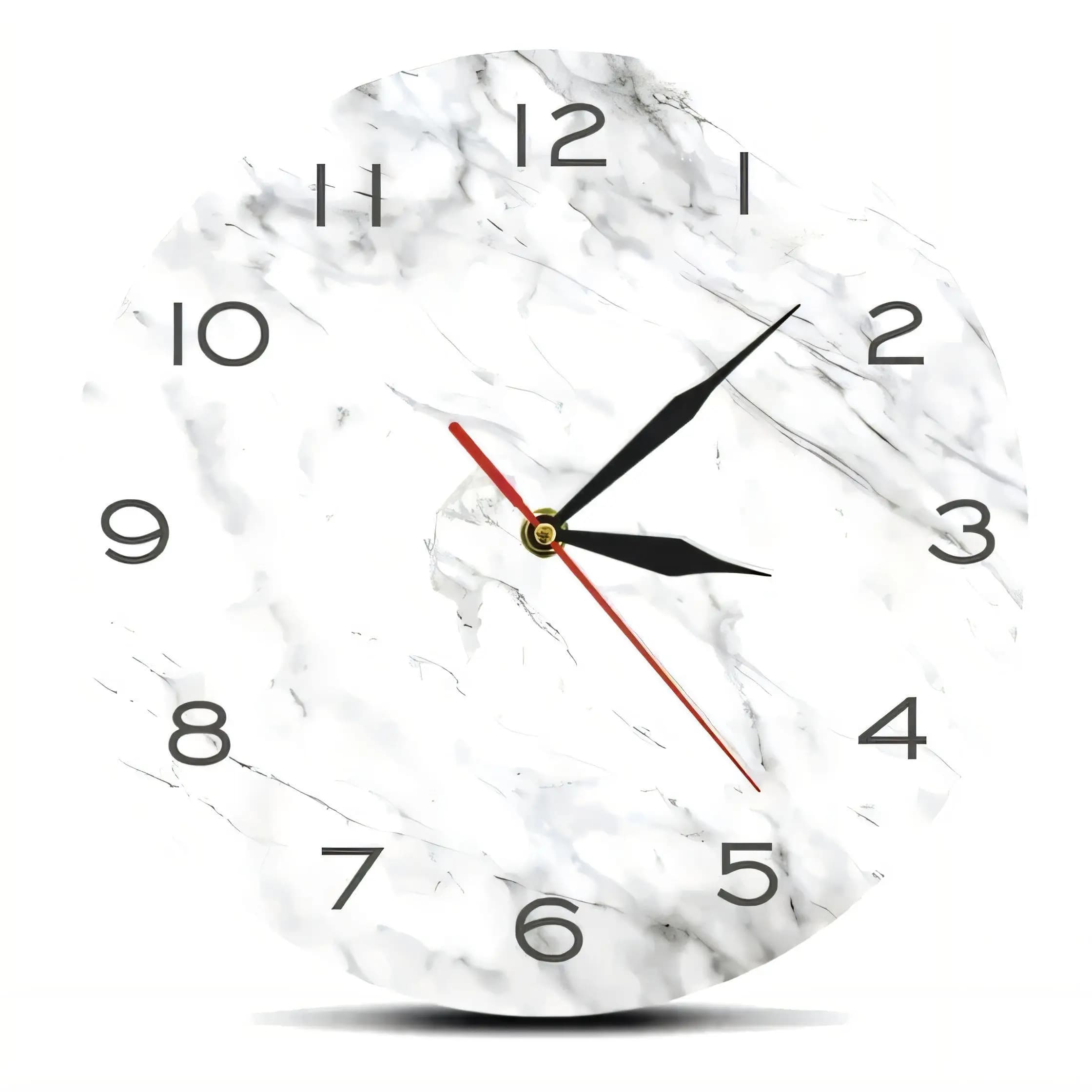 Modern White Marble Wall Clock Silent Home Decor Black Arabic Numerals Gold Hub Red Second Hand Minimalist