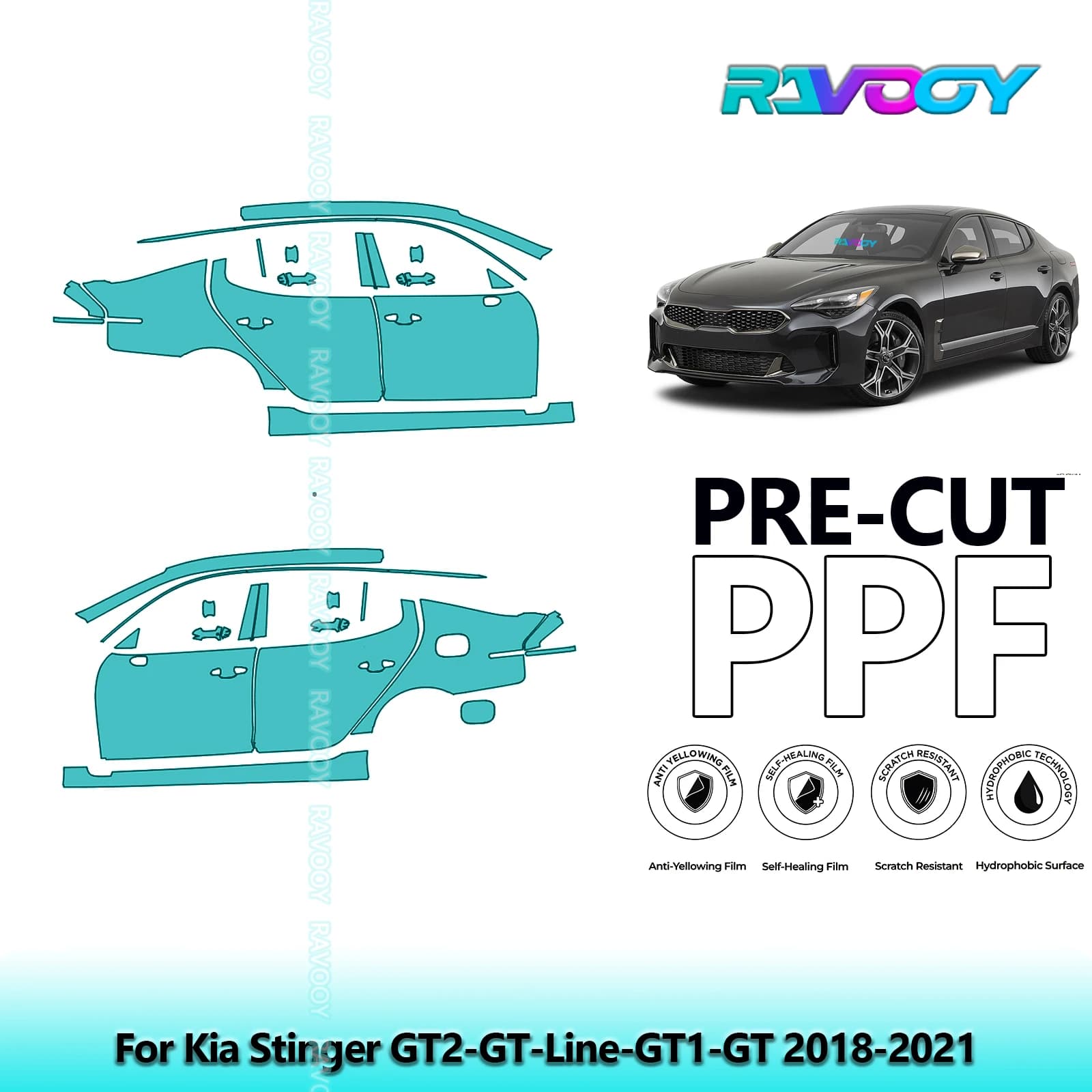For Kia Stinger GT2-GT-Line-GT1-GT 2018-2021 8.5mil Transparent Pre-Cut PPF Door and Pillar A/B Kit TPU Paint Protection Film Set