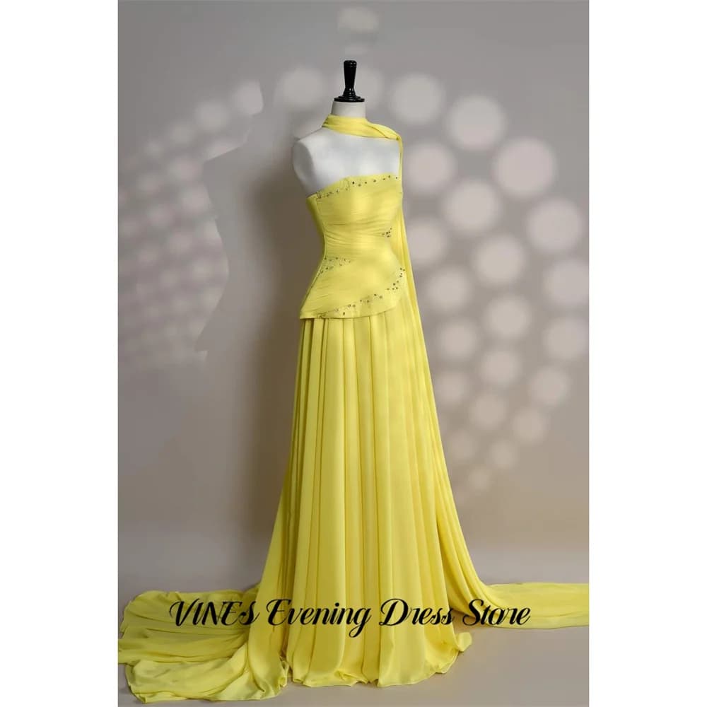 VINES Abito da festa giallo limone senza spalline, abito da sera drappeggiato in chiffon fluido con strascico, personalizzabile