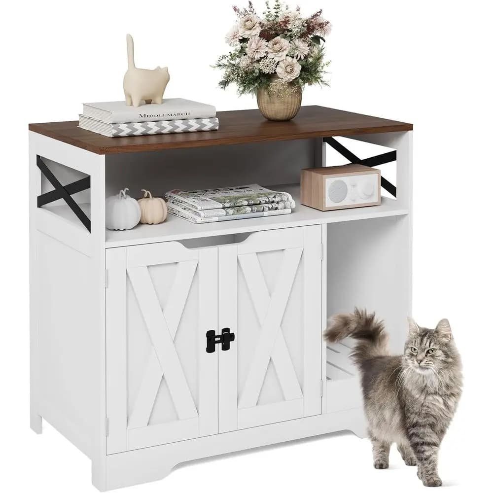 Elegante Lettiera per Gatti Alta con Design 2-in-1 a Forma di Casetta per Soggiorno o Corridoio, Finitura Bianco Noce