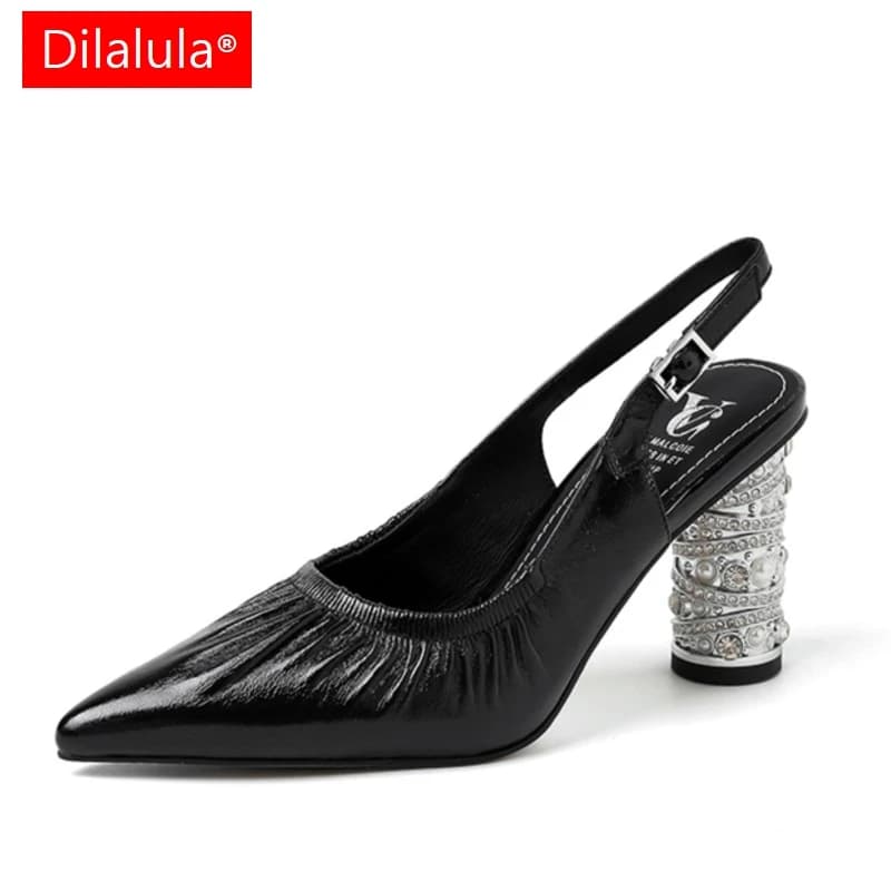 Dilalula 2025 Sandali a pieghe in vera pelle da donna Sexy punta coperta Perline Decorazione Tacchi alti Scarpe da festa per incontri da donna