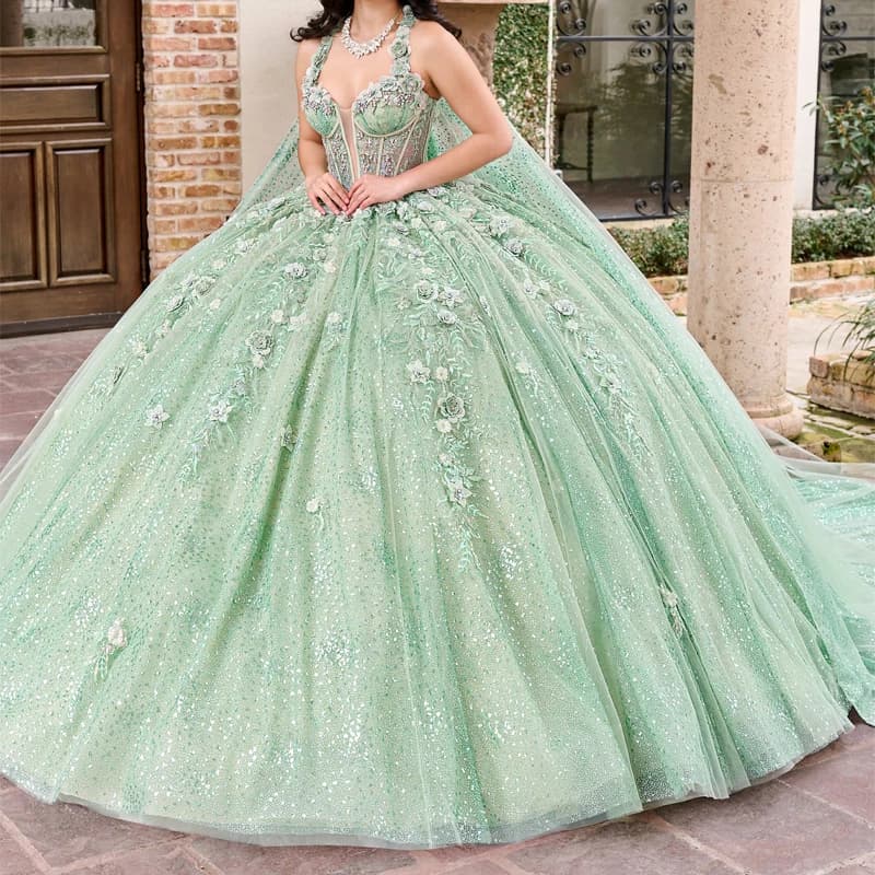 Abiti Quinceanera lucidi verde menta Abito da ballo Applique in pizzo con perline a strati con corsetto a mantella Abito dolce 16 Vestido De 15 Anos