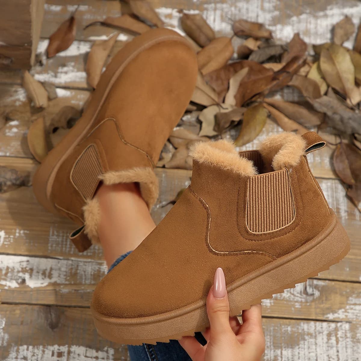 Women Fleece Lined Ankle Snow Boots Elastic Slip On Platform Anti-slip Warm Winter Fuzzy Collar Plush Casual Short Ankle Boots