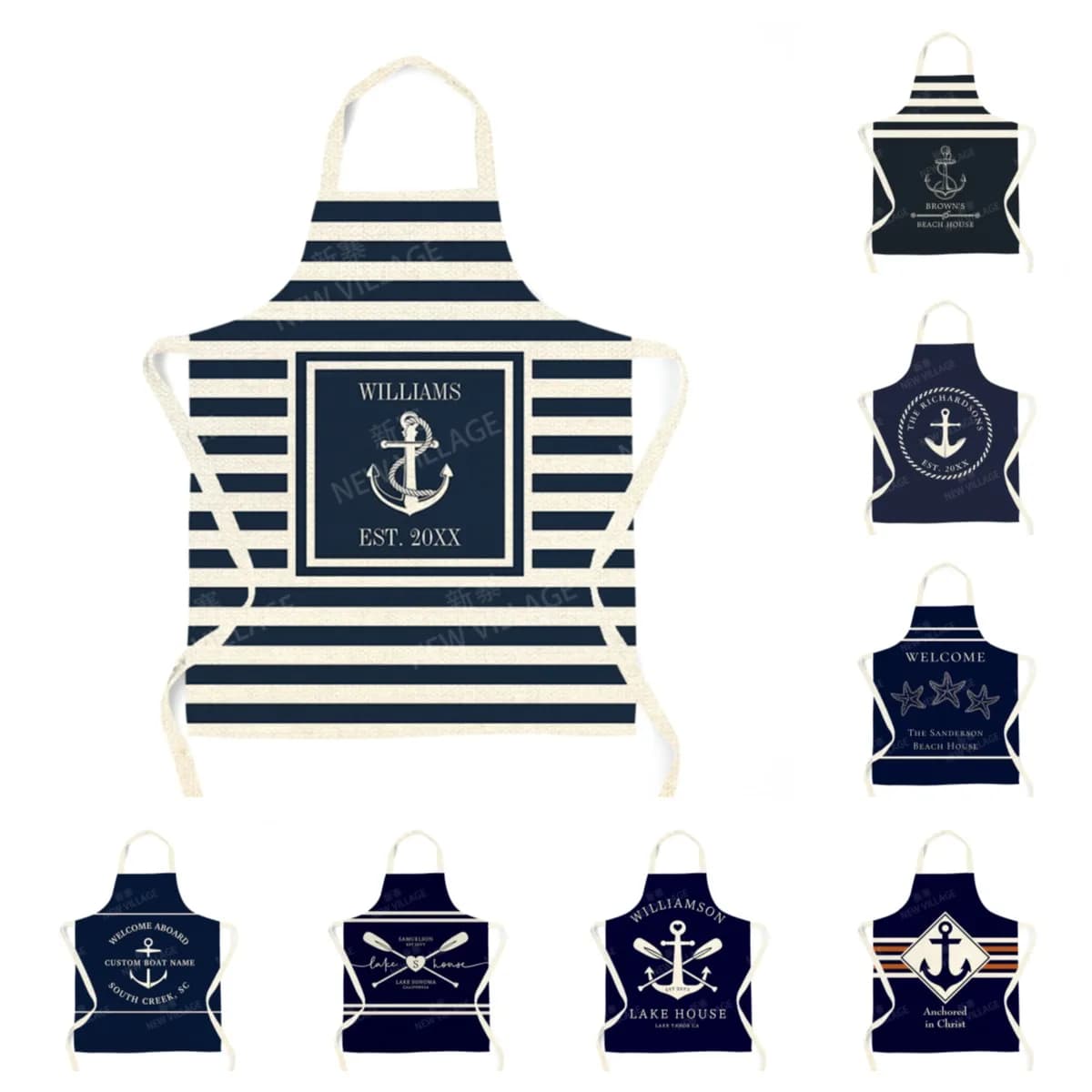 Grembiule in lino personalizzato Design con ancora nautica Nome della barca personalizzato Cucina Bavaglino regolabile in tessuto resistente per uomo donna
