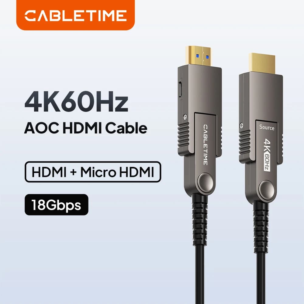 CABLEIME Cavo HDMI 4K AOC Micro HDMI 18Gbps 4.5MM Ultra-Sottile Design Staccabile 10M/15M/20M per Monitor Laptop