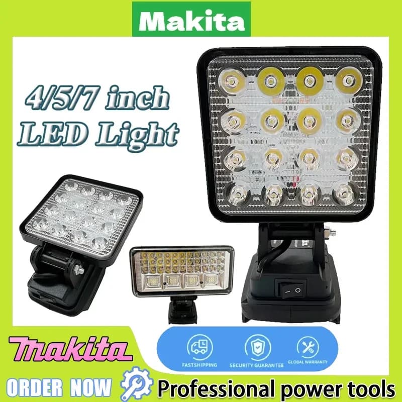 Faro LED Portatile Makita 4/5/7 Pollici, Luce da Lavoro Senza Fili per Esterni, Pesca, Emergenze, Compatibile con Batteria 18V