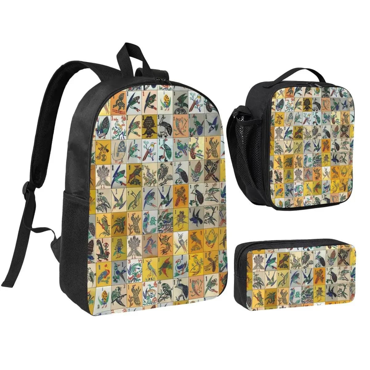 Zaino Mah Jongg Birds Mahjong Tiles, Borsa per libri per studenti, Borsa per la scuola, Borse a tracolla per computer, 3 pezzi, Borsa termica per il pranzo, Astuccio