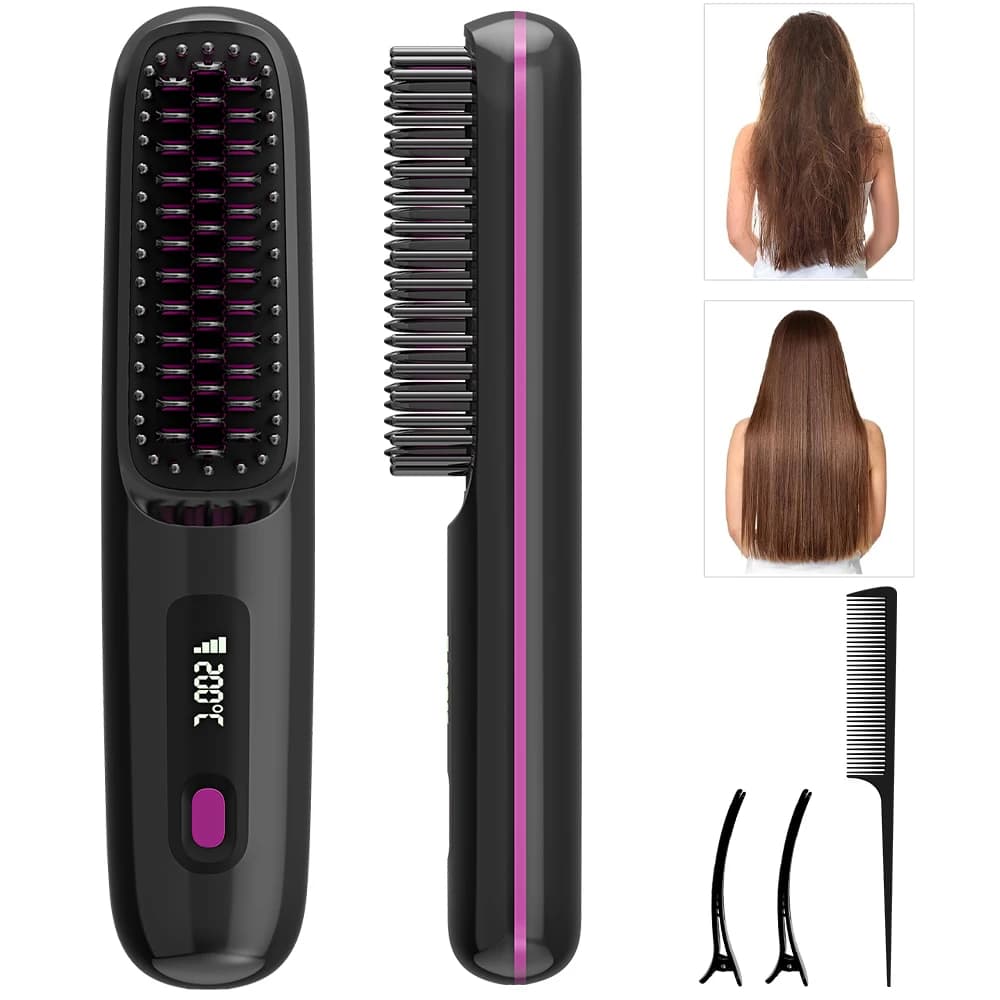 Wireless Rechargeable Licing Brush, Negative Ion Smooth comb with 3 Temperature Settings, Quick Heating and Display