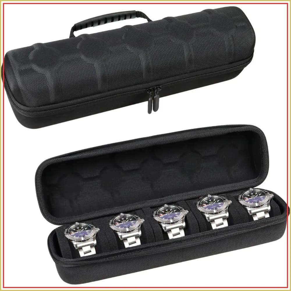 5 Slots Hard Watch Travel Case, Portable Nylon Zipper Storage Organizer Box with Soft Foam Pillow