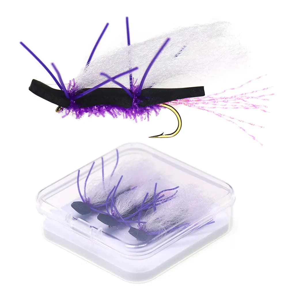 3 Pezzi/Scatola Mosche Artificiali per Pesca a Mosca, Modello Chubby Chernobyl, con Gambe in Gomma, Corpo in Schiuma Nera, Pancia in Chenille Viola Ghiaccio, Mosche Secche per la Pesca alla Trota