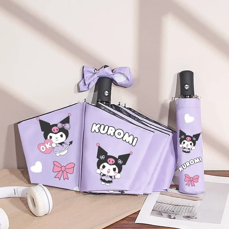 Ombrello Sanrio Kuromi con Apertura e Chiusura Automatica, Pieghevole in 3 Sezioni, Protezione Solare con Rivestimento Nero UPF 40+, Ombrello per Ragazze Scolastiche