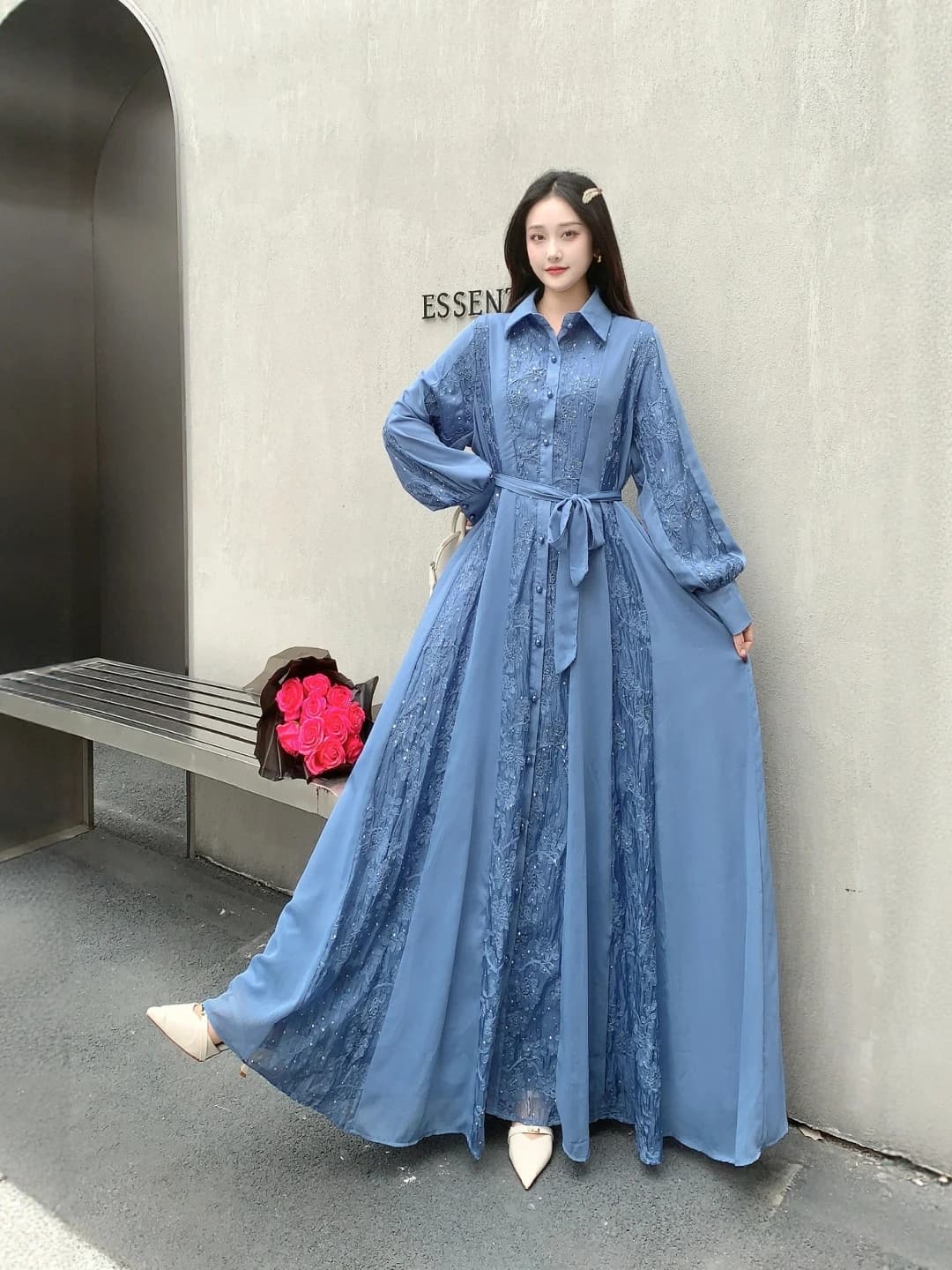 Retro Lantern Sleeve Lace Dress Women's Waist Cinching Slim Long Sleeve Elegant Blue Long Dress LQ579 Spring 2026 Ladies Fashion