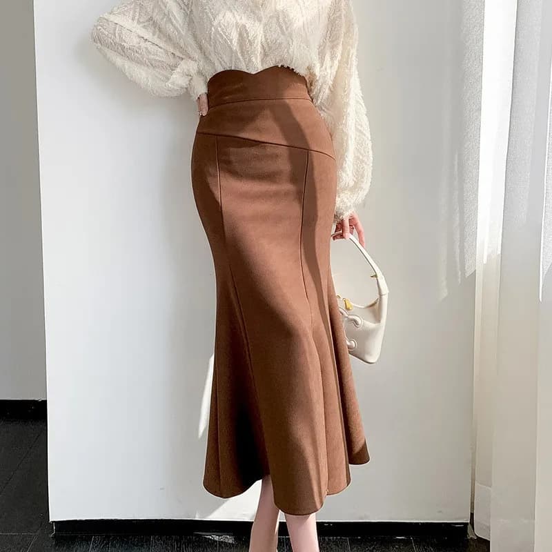Gonna Midi Elastica a Vita Alta da Donna, Elegante e Aderente, a Trapezio, per Ufficio e Casual, in Fibra di Poliestere
