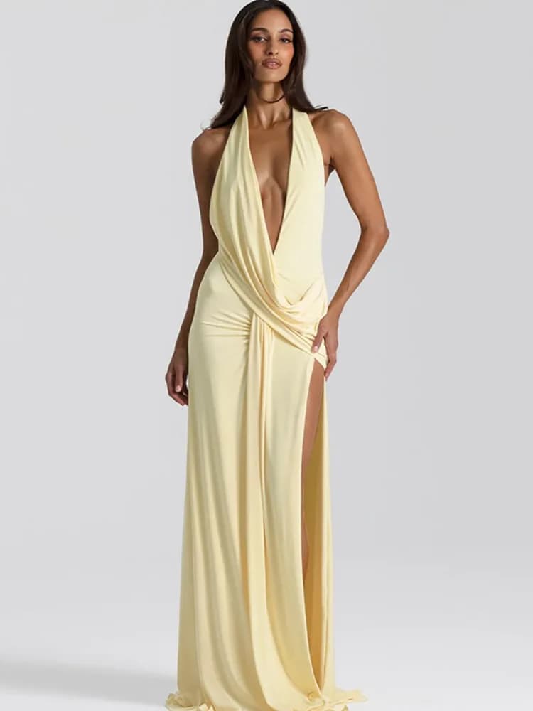 Mozision Halter Deep V Neck Backless Sexy Maxi Dress Women Gown Fashion Irregular Sleeveless Thigh High Split Club Party Dresses